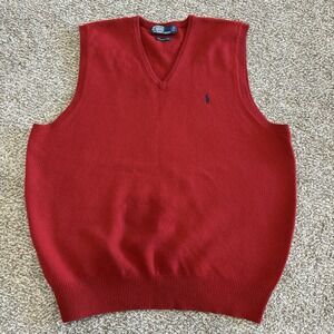 Polo Ralph Lauren Vest Vintage Red Soft Lambs Wool V Neck Men Preppy  Size XL‎